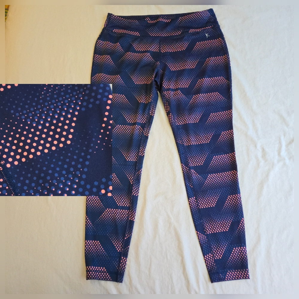 Danskin Now Dri More Navy Blue Coral Pink Geometric Grid Pattern Leggings EB2